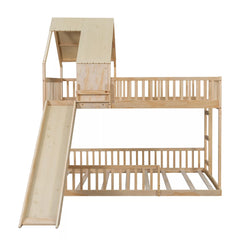 Bellemave® Full XL Over Queen House Bunk Bed with Slide, Solid Wood Kids Bunk Bed with Built-In Ladder
