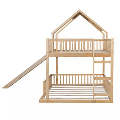 Bellemave® Full XL Over Queen House Bunk Bed with Slide, Solid Wood Kids Bunk Bed with Built-In Ladder