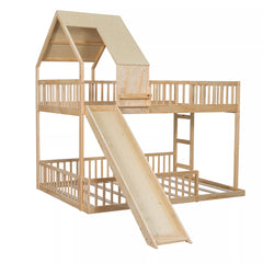 Bellemave® Full XL Over Queen House Bunk Bed with Slide, Solid Wood Kids Bunk Bed with Built-In Ladder