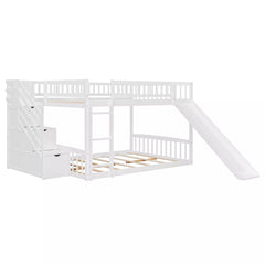Bellemave® Full over Full Size Bunk Bed with Slide & Storage Stairs for Kids | Solid Wood Low Bunk with Safety Guardrails, No Box Spring, White Bellemave®