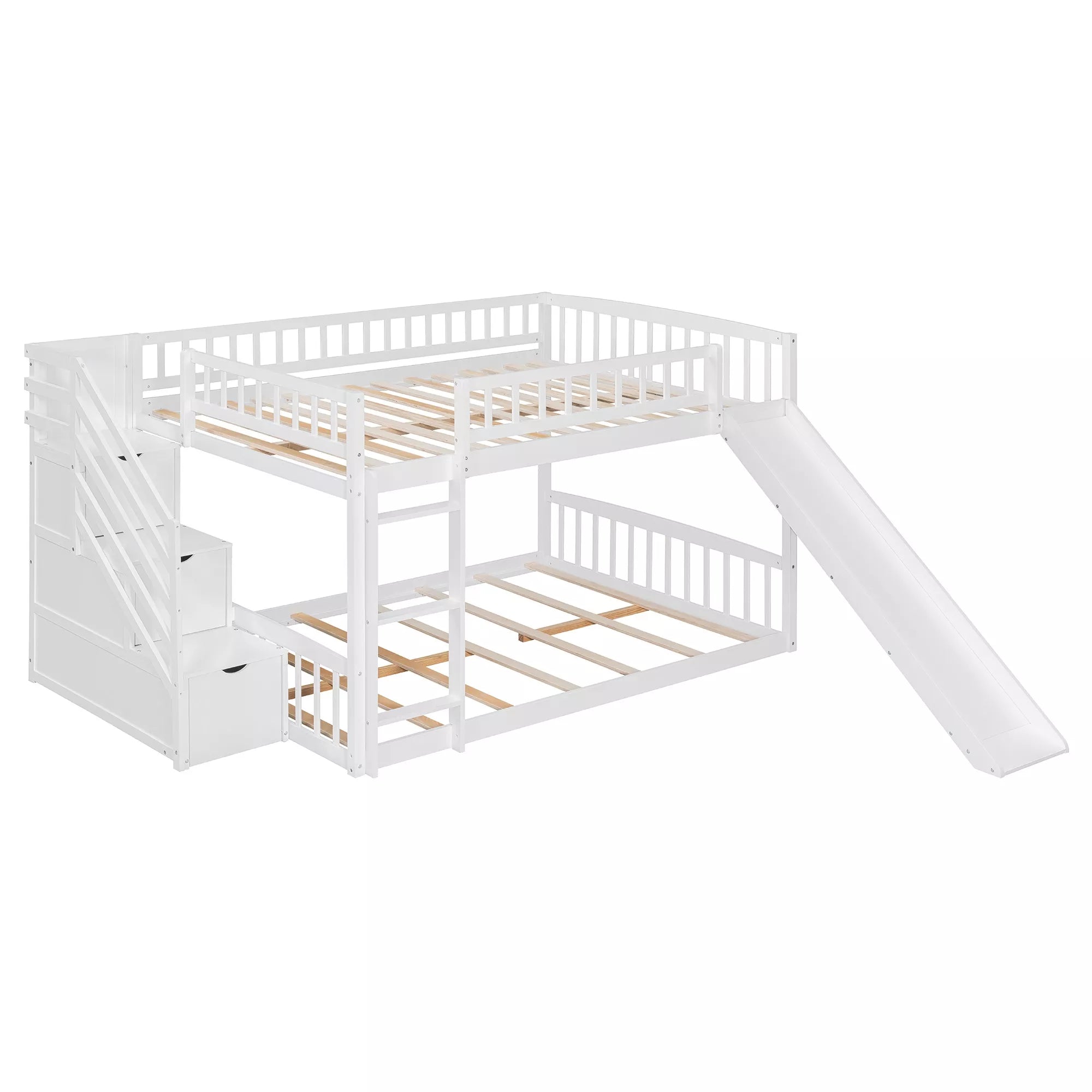 Bellemave® Full over Full Size Bunk Bed with Slide & Storage Stairs for Kids | Solid Wood Low Bunk with Safety Guardrails, No Box Spring, White Bellemave®
