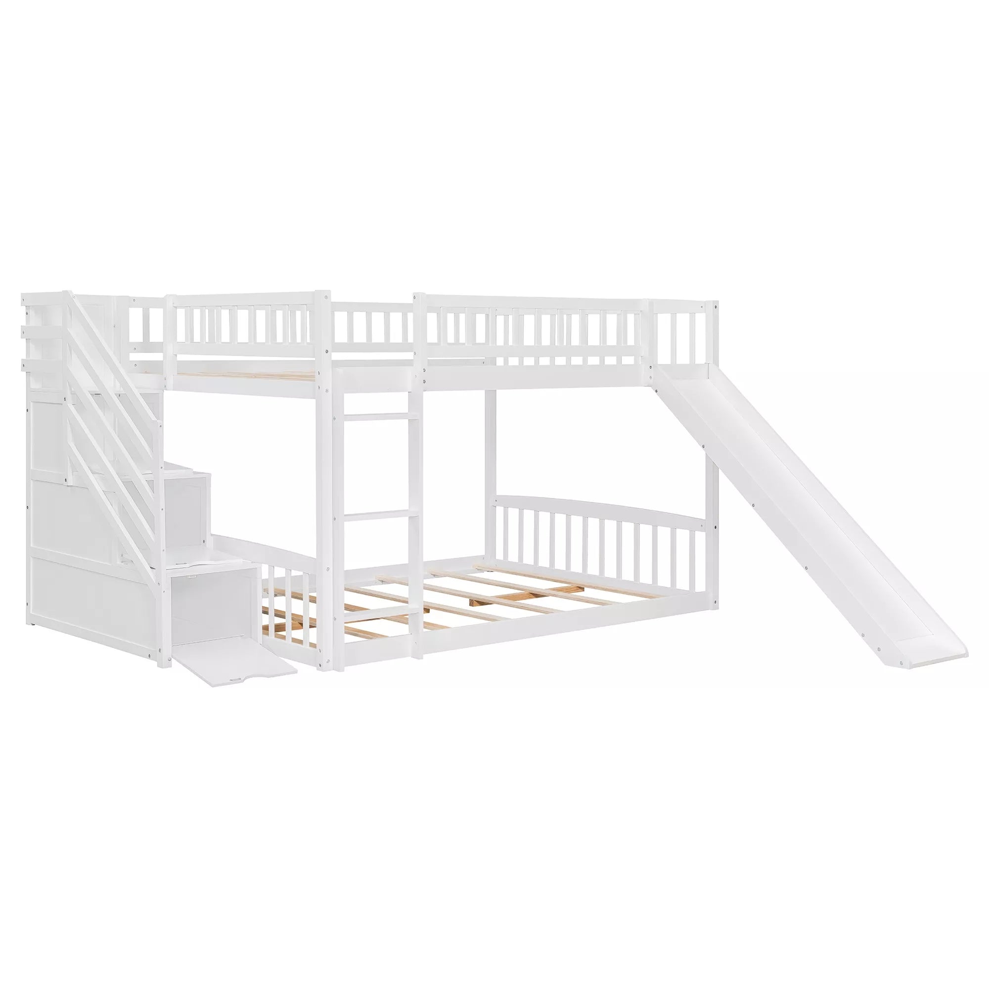 Bellemave® Full over Full Size Bunk Bed with Slide & Storage Stairs for Kids | Solid Wood Low Bunk with Safety Guardrails, No Box Spring, White Bellemave®