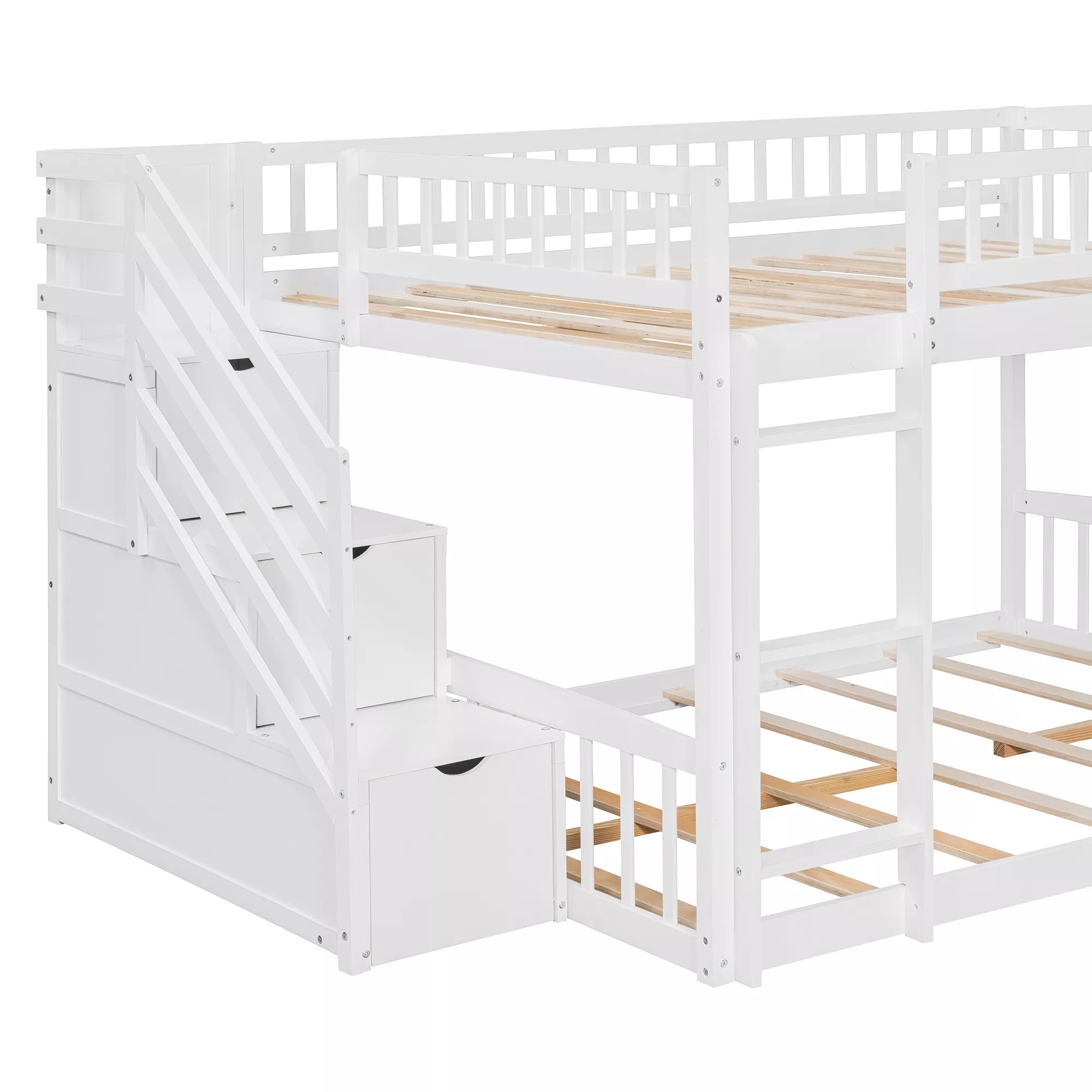 Bellemave® Full over Full Size Bunk Bed with Slide & Storage Stairs for Kids | Solid Wood Low Bunk with Safety Guardrails, No Box Spring, White Bellemave®