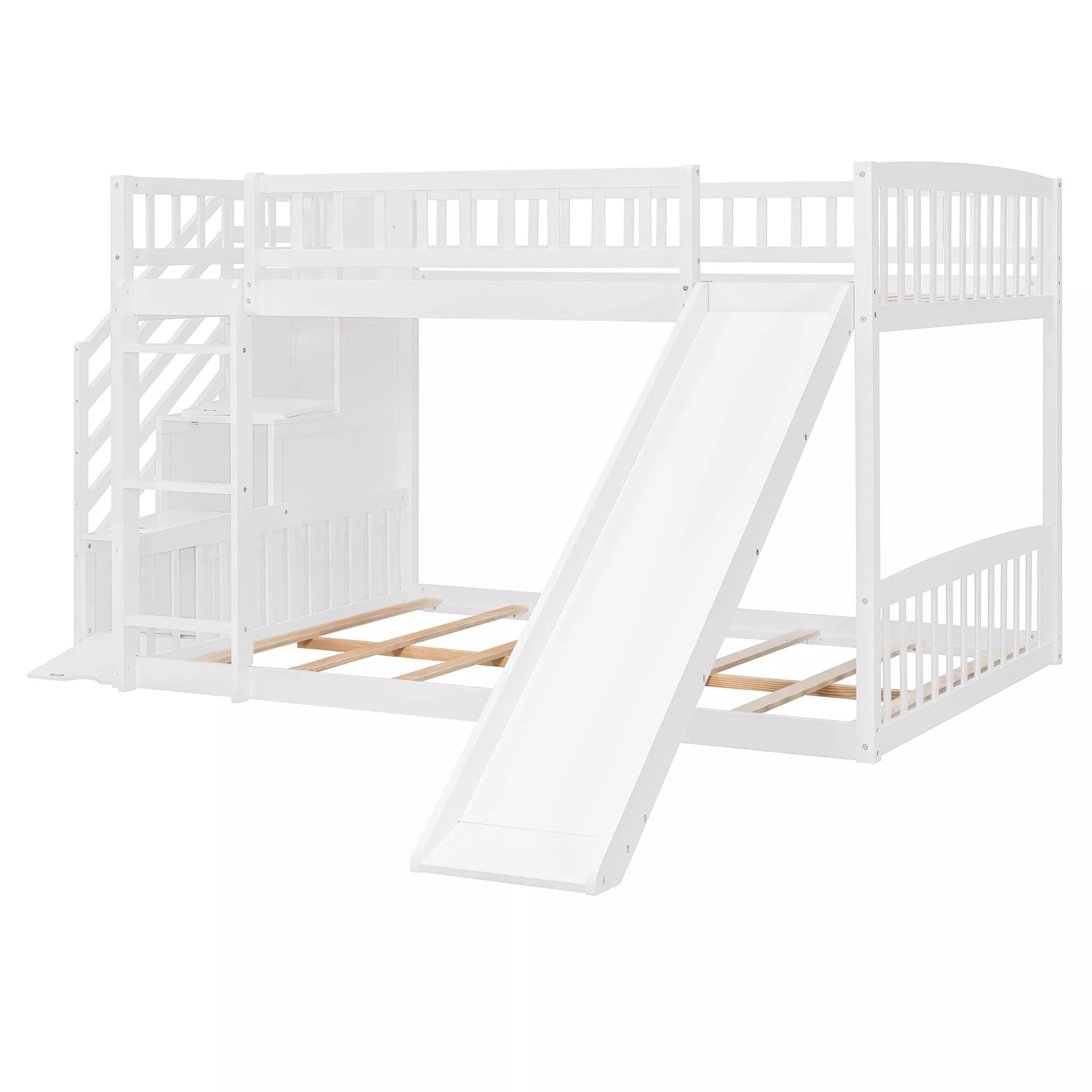 Bellemave® Full over Full Size Bunk Bed with Slide & Storage Stairs for Kids | Solid Wood Low Bunk with Safety Guardrails, No Box Spring, White Bellemave®
