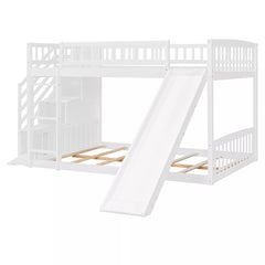 Bellemave® Full over Full Size Bunk Bed with Slide & Storage Stairs for Kids | Solid Wood Low Bunk with Safety Guardrails, No Box Spring, White Bellemave®
