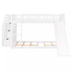 Bellemave® Full over Full Size Bunk Bed with Slide & Storage Stairs for Kids | Solid Wood Low Bunk with Safety Guardrails, No Box Spring, White Bellemave®