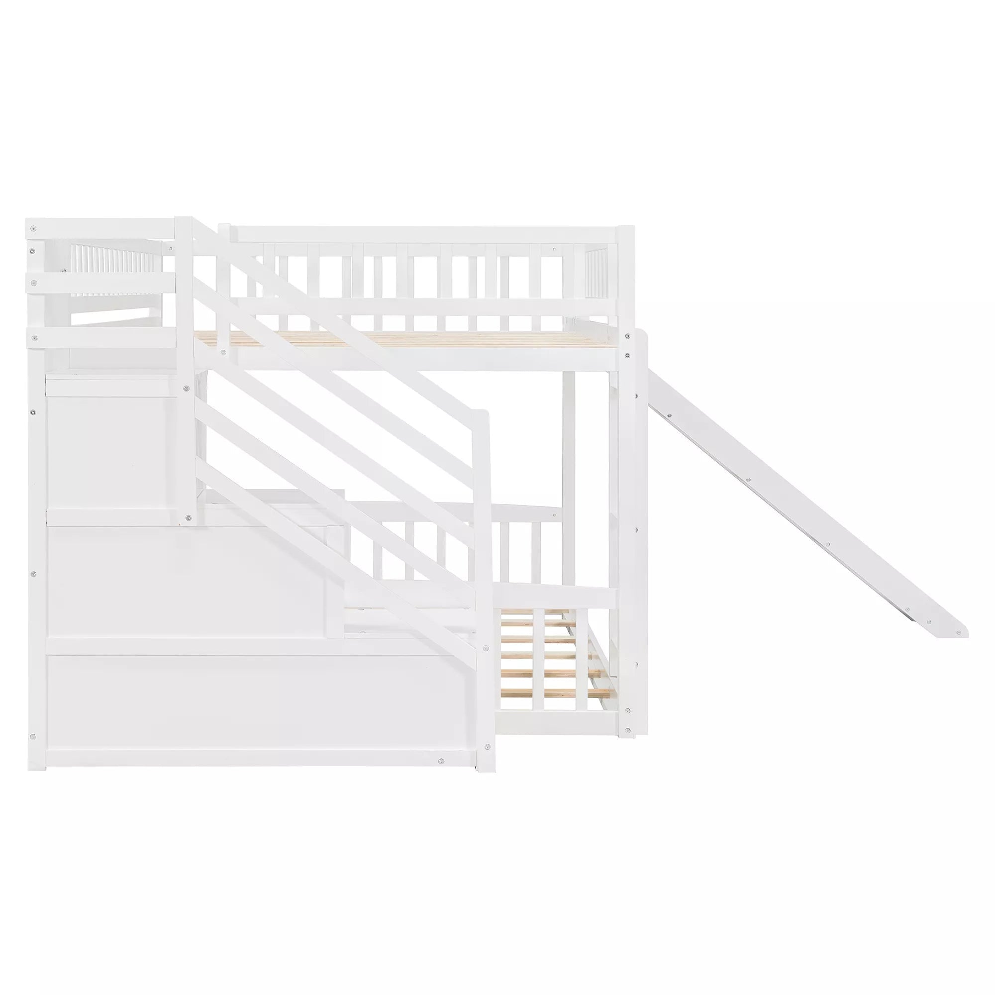 Bellemave® Full over Full Size Bunk Bed with Slide & Storage Stairs for Kids | Solid Wood Low Bunk with Safety Guardrails, No Box Spring, White Bellemave®