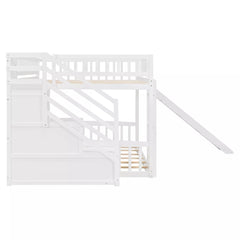 Bellemave® Full over Full Size Bunk Bed with Slide & Storage Stairs for Kids | Solid Wood Low Bunk with Safety Guardrails, No Box Spring, White Bellemave®