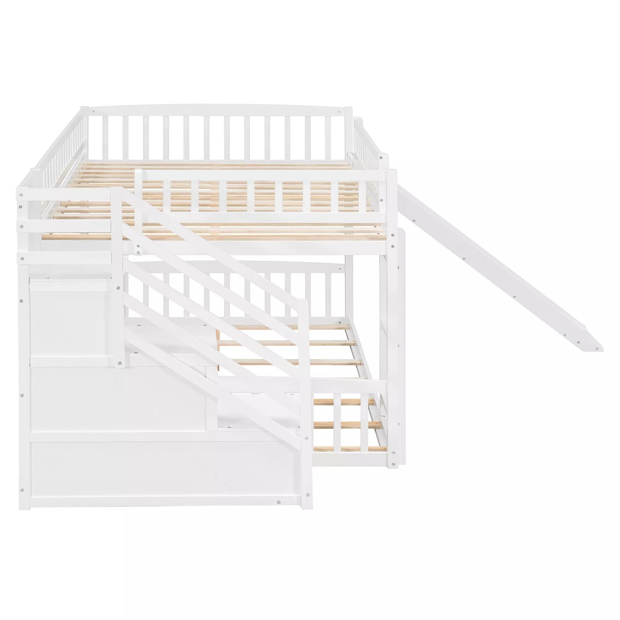 Bellemave® Full over Full Size Bunk Bed with Slide & Storage Stairs for Kids | Solid Wood Low Bunk with Safety Guardrails, No Box Spring, White Bellemave®