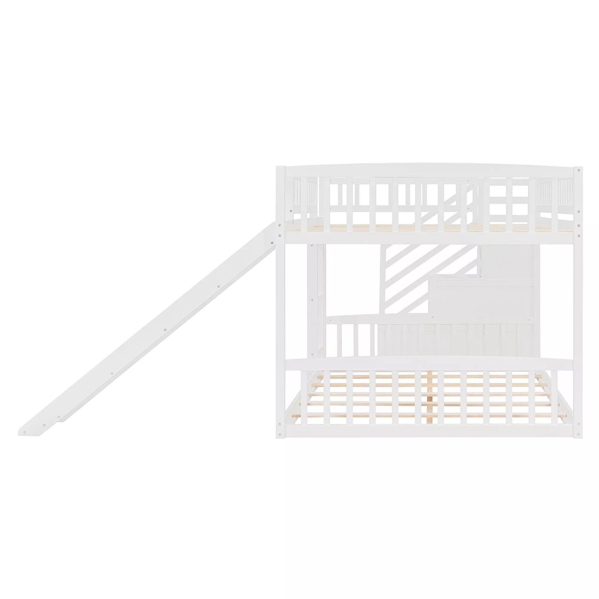Bellemave® Full over Full Size Bunk Bed with Slide & Storage Stairs for Kids | Solid Wood Low Bunk with Safety Guardrails, No Box Spring, White Bellemave®