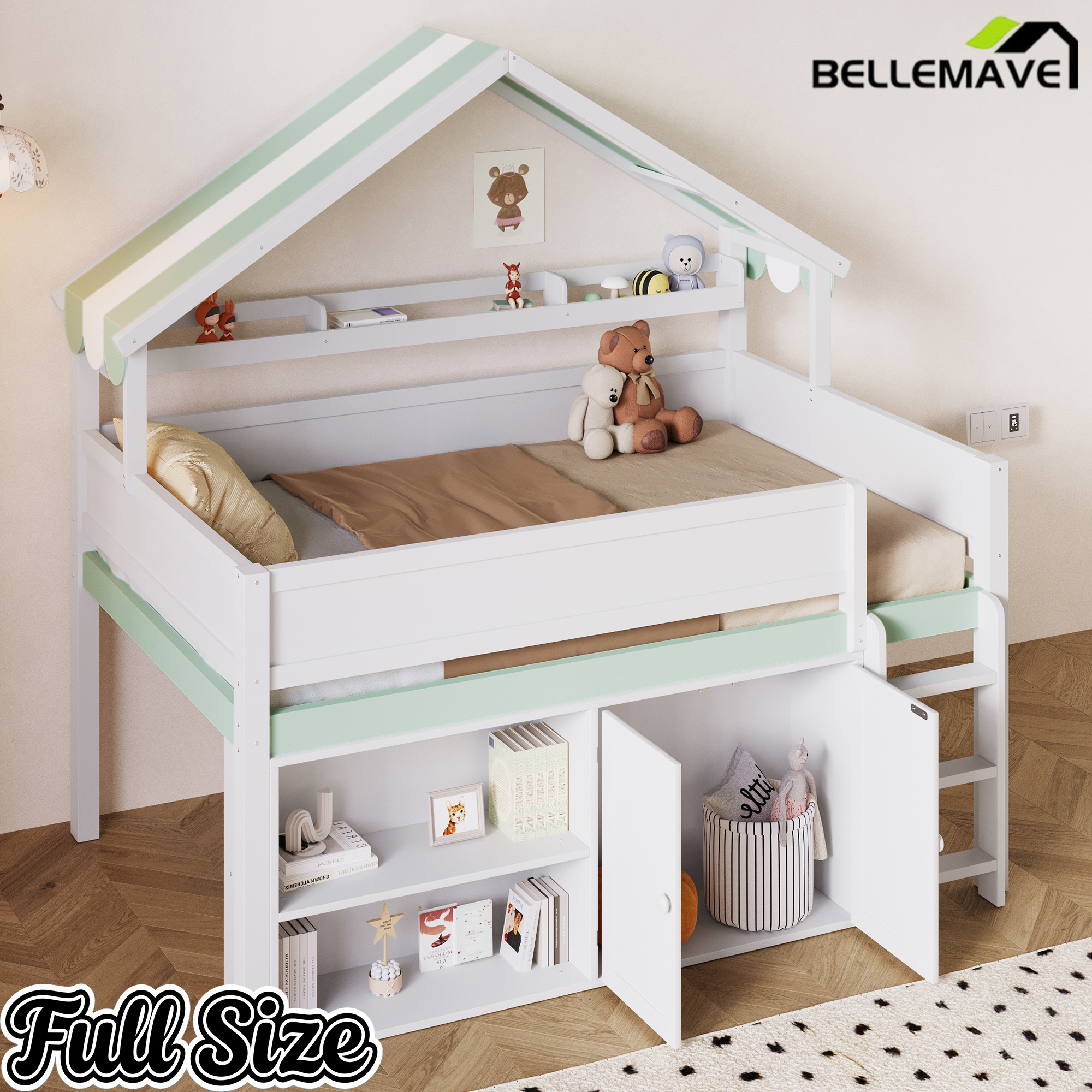 Bellemave® Full Size Loft Bed with Canopy Roof and Storage, Playhouse Design for Kids/Teens Bellemave®