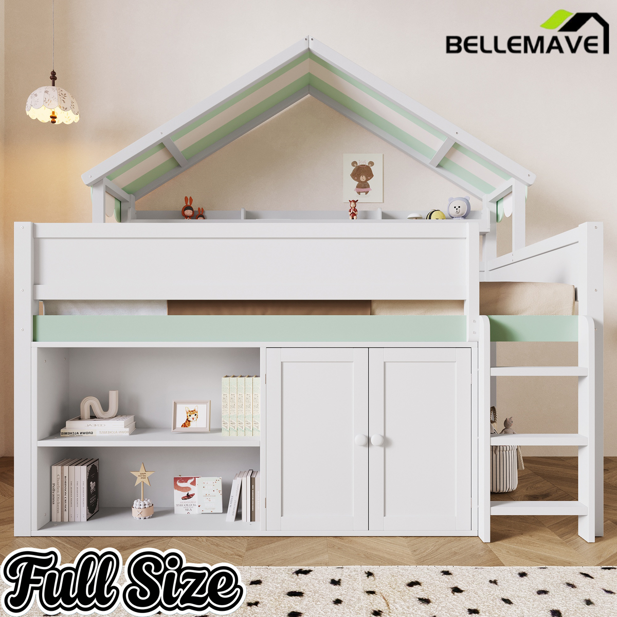 Bellemave® Full Size Loft Bed with Canopy Roof and Storage, Playhouse Design for Kids/Teens Bellemave®