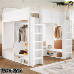 Bellemave® Triple Bunk Bed with Storage Shelves & Hooks, Twin Over Twin XL Loft Bed Bellemave®