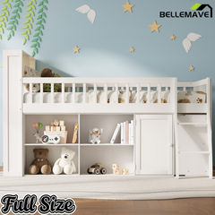 Bellemave® Wooden Low Loft Bed with Storage Shelves, Cabinet, LED Headboard & Ladder Bellemave®