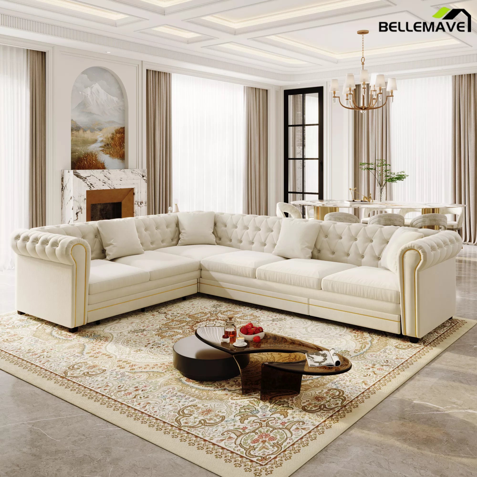 Beige White L-Shaped Sleeper Sofa with Pull Out Bed