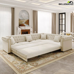 Beige White Convertible Sectional Sofa Bed Extended