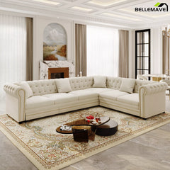 Beige White Velvet L-Shaped Sectional Sofa
