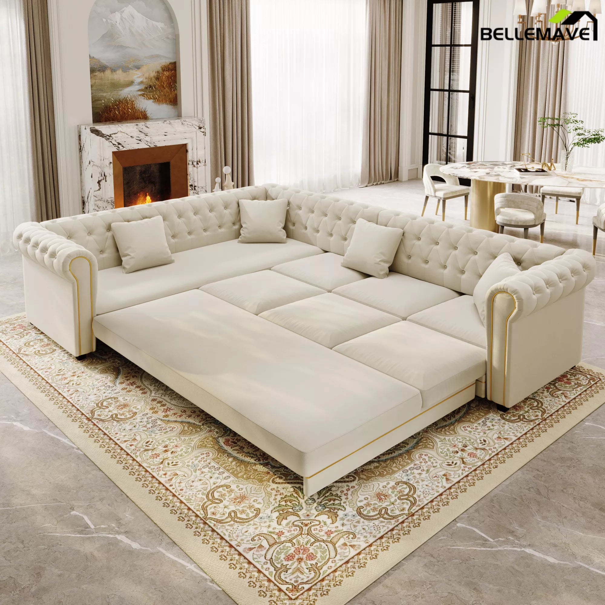Beige White Pull Out Sleeper Sofa Bed