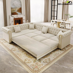Beige White Pull Out Sleeper Sofa Bed