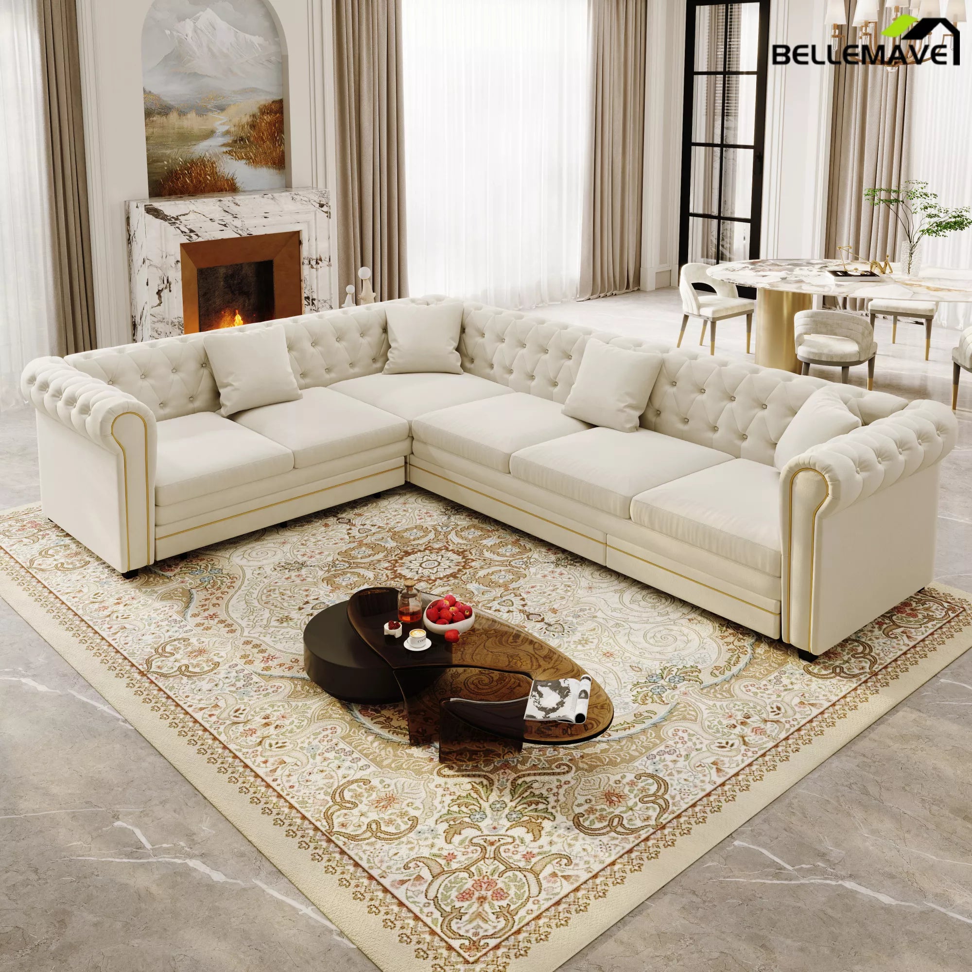 Beige White L-Shaped Sofa with Chaise Lounge
