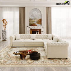 Beige White Velvet Sectional Sofa Living Room View