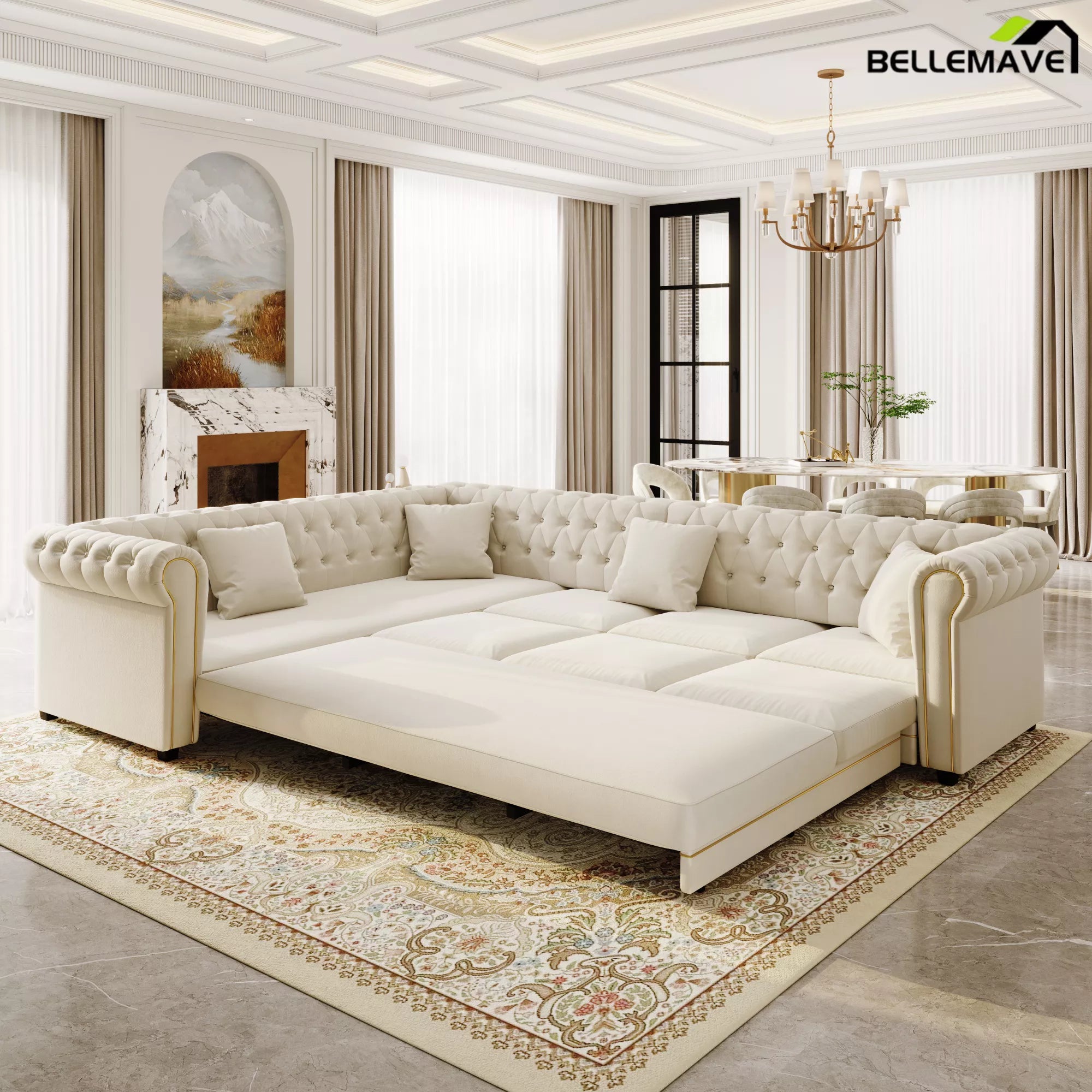Beige White Convertible Sleeper Sofa Angle View