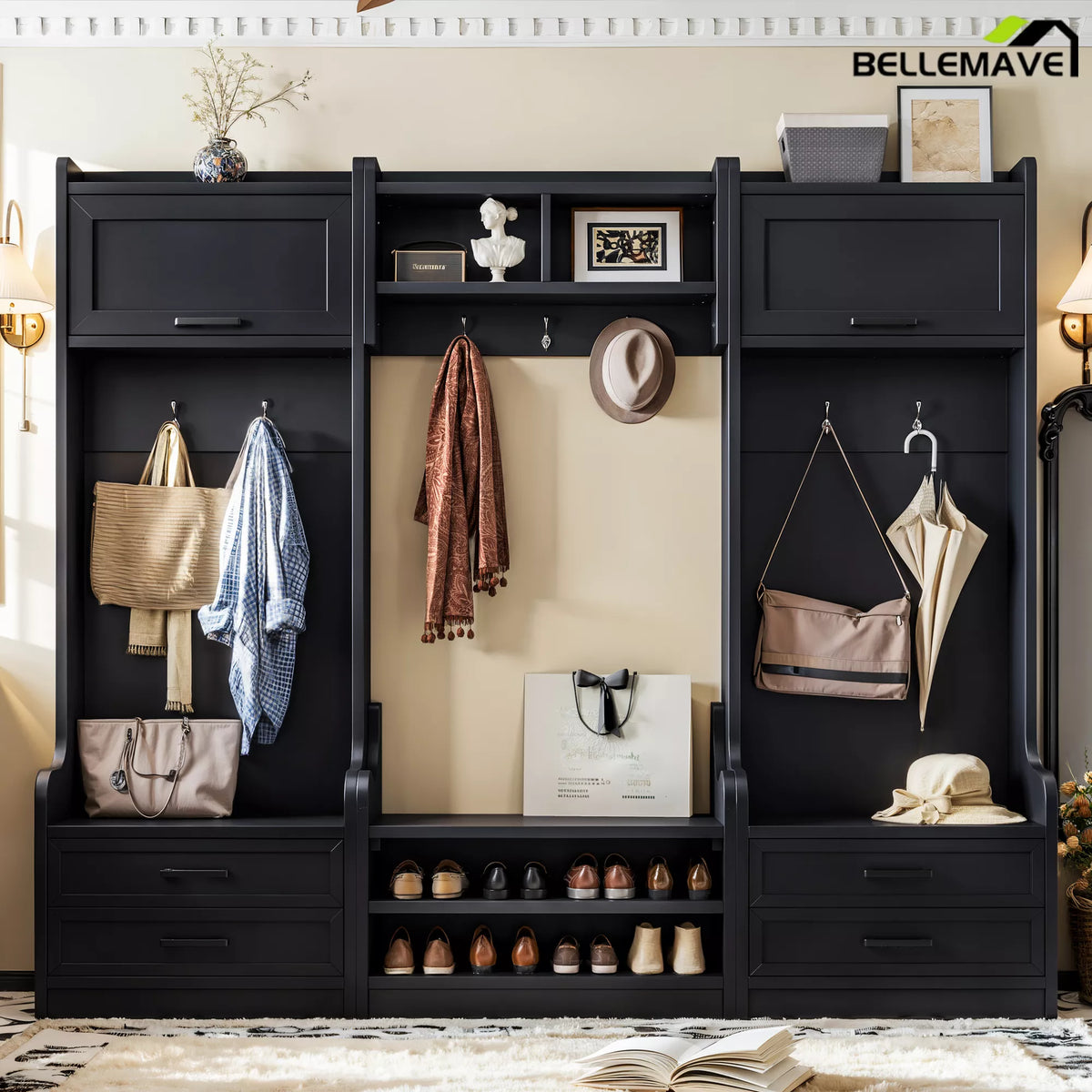 Black entryway hall tree with upper cabinets, hanging hooks, and shoe shelves