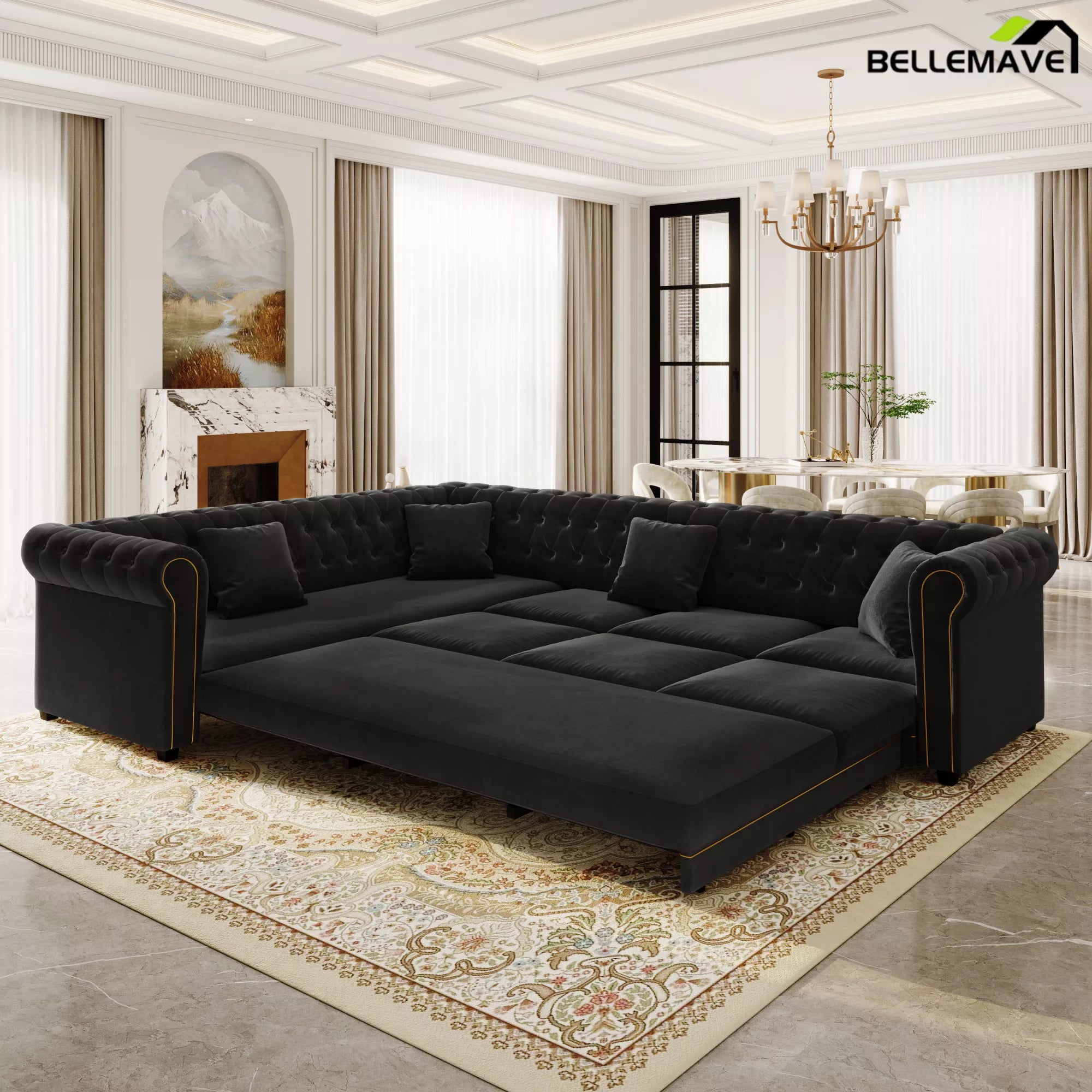 Black Velvet Sectional Sofa Living Room View