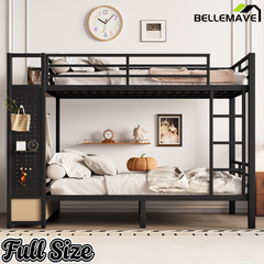 Bellemave® Bunk Bed Queen Over Queen,Metal Bunk Bed with Shelf, Guardrails, Storage Drawers & Clothes Hooks for Kids, Teens & Adults（Black）