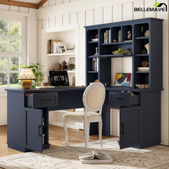 Front angled view of the blue desk with drawers, cabinets, and open shelving