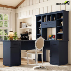 Blue computer desk and storage hutch shown with a chair and laptop