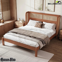 brown queen platform bed with rattan headboard
