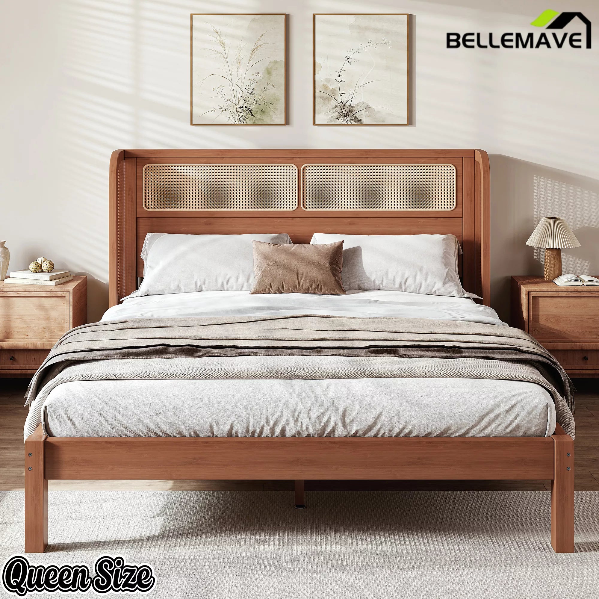 brown bamboo platform bed in modern bedroom
