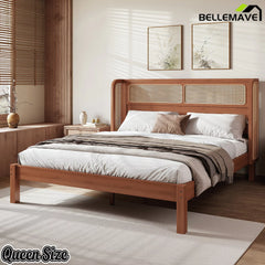 brown queen rattan headboard bed