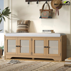 Brown wood entryway shoe bench with cushion seat