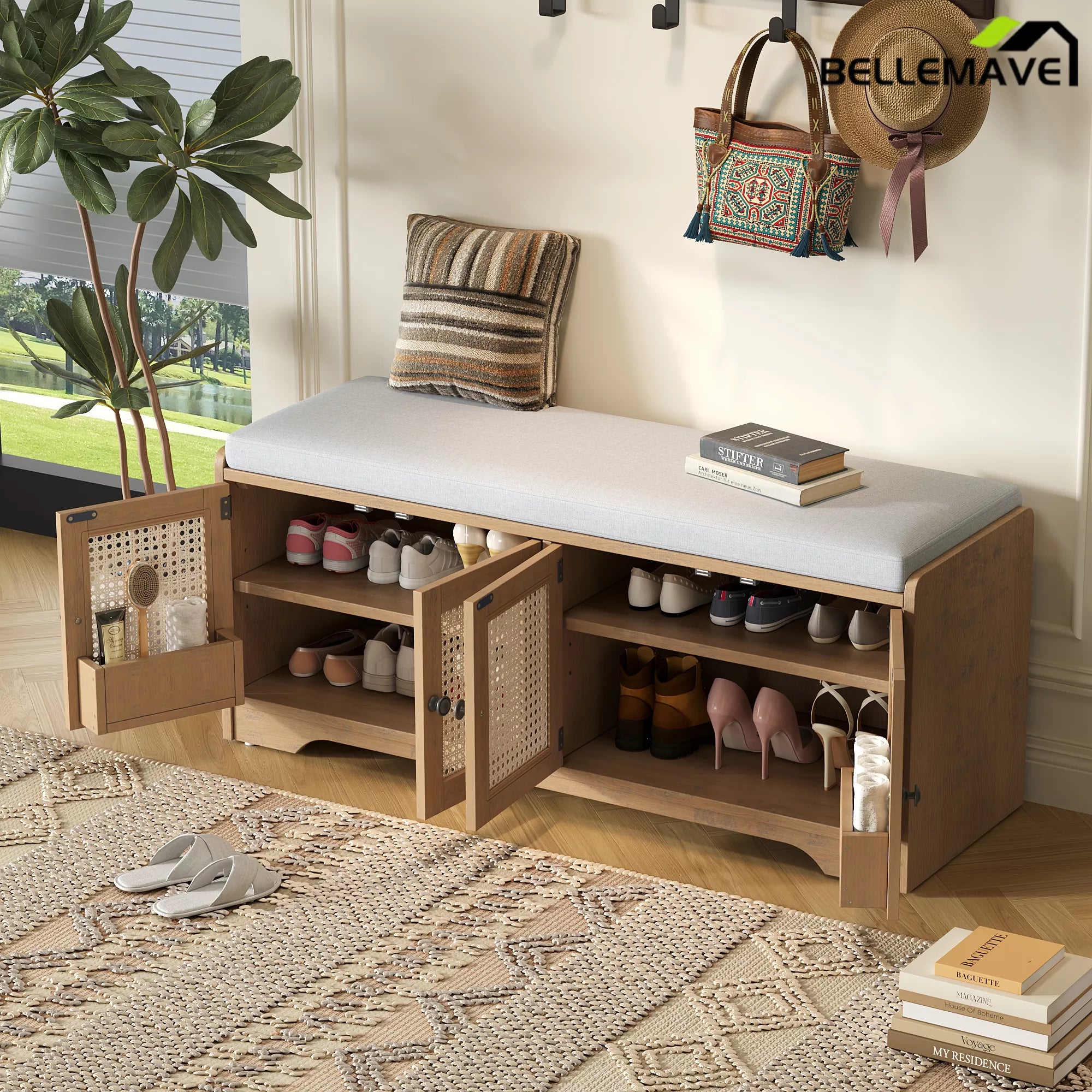 Brown rustic storage bench with shoe storage compartments