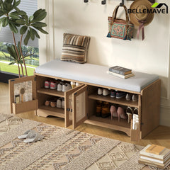 Brown rustic storage bench with shoe storage compartments