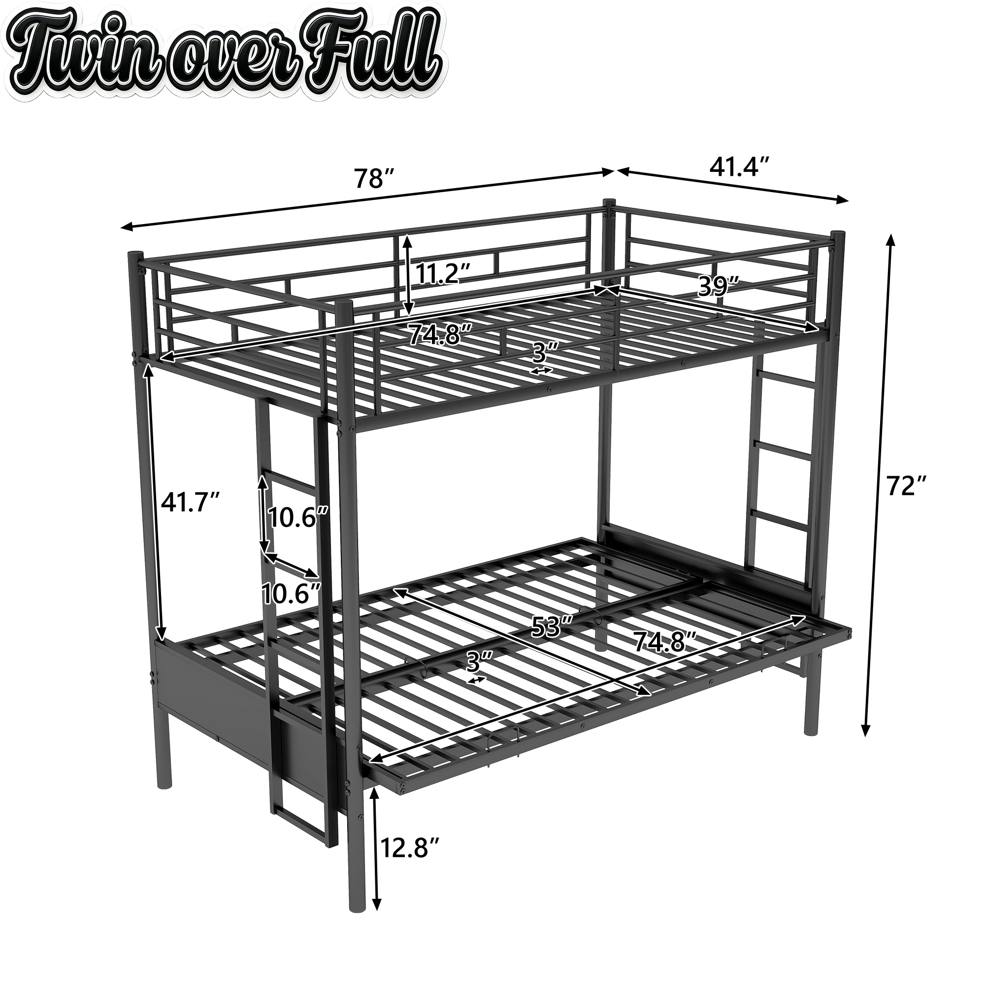 Bellemave Twin Over Full Metal Bunk Bed with Two Side Ladders & Guardrail, Bottom Full Size Bunk Bed Can be Converted into Futon/Seat(Black) Bellemave
