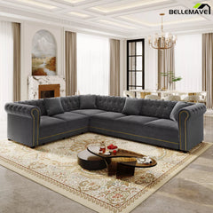 Dark Grey Velvet L-Shaped Sectional Sofa