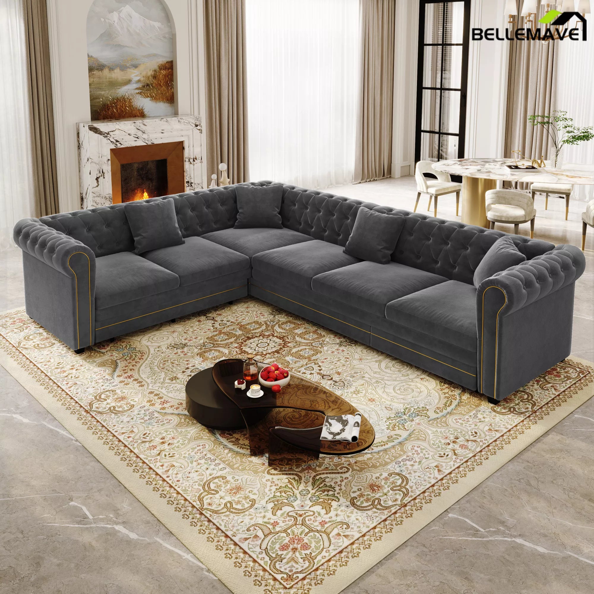 Dark Grey Velvet Sectional Sofa Living Room View
