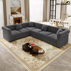 Dark Grey Velvet Sectional Sofa Living Room View