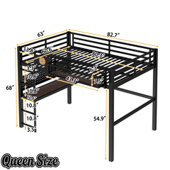 Bellemave® Queen Size Heavy Duty Metal Loft Bed with Desk, Side Clock, Charging Station & Pegboard for Kids,Teens,Adults, Black