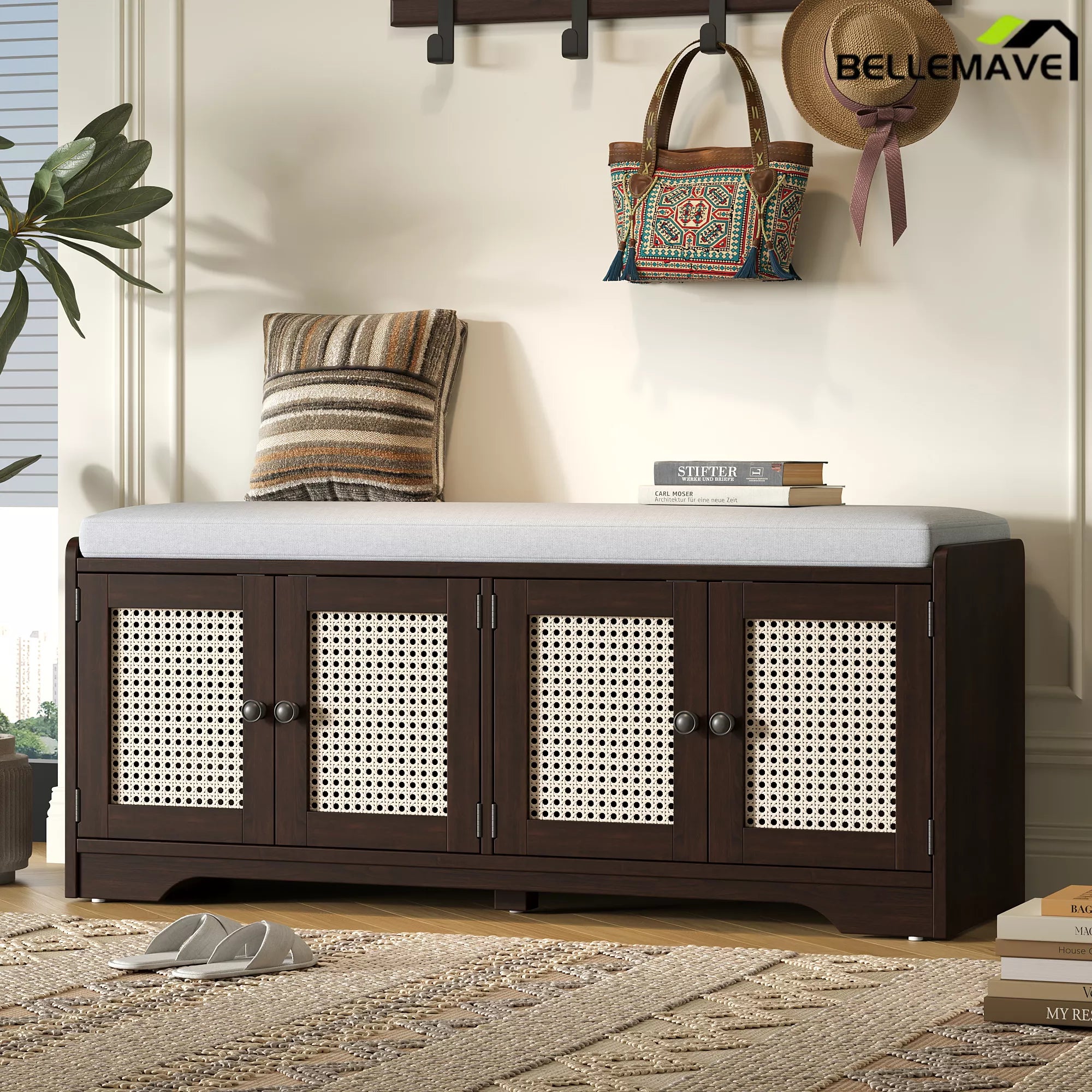 Espresso wood storage bench with woven rattan doors