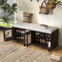 Espresso shoe storage bench with open compartments