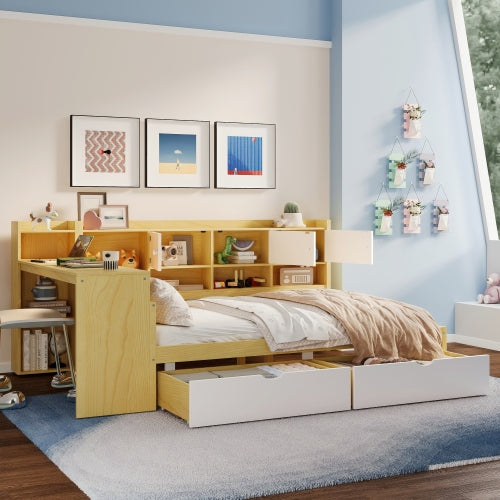 Bellemave® Full Corner Bed Frame, Full Size Corner Beds with Storage Cabinets and Desk, Wood Daybed with Bookcase and Drawers, White