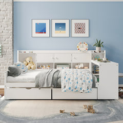 Bellemave® Full Corner Bed Frame, Full Size Corner Beds with Storage Cabinets and Desk, Wood Daybed with Bookcase and Drawers, White