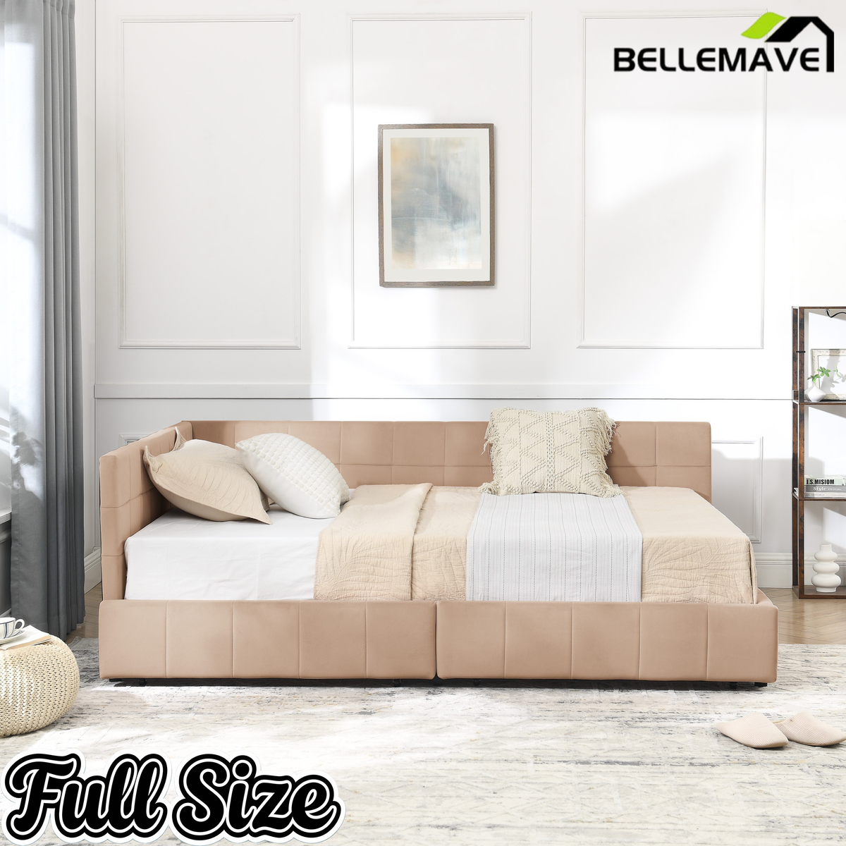 Bellemave® Full Size Corner Bed Frame with Storage Drawers, Comfortable Backrest and Armrests, Upholstered Daybed, Gary Bellemave®