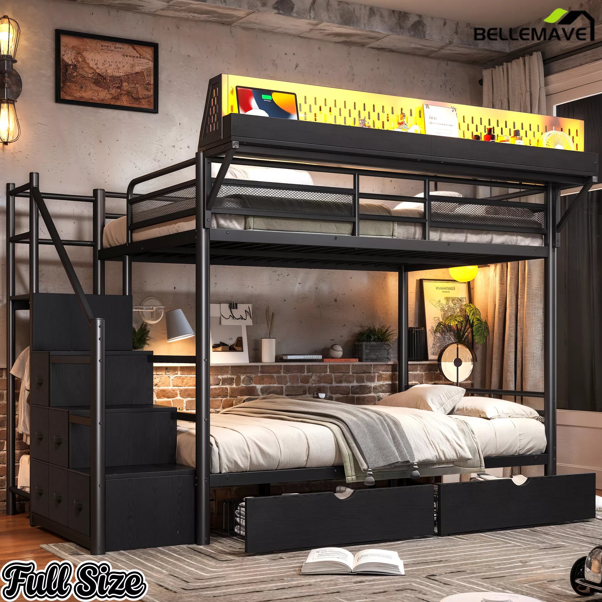 Full size black metal bunk bed with staircase cabinets and fabric drawers in a bedroom setting