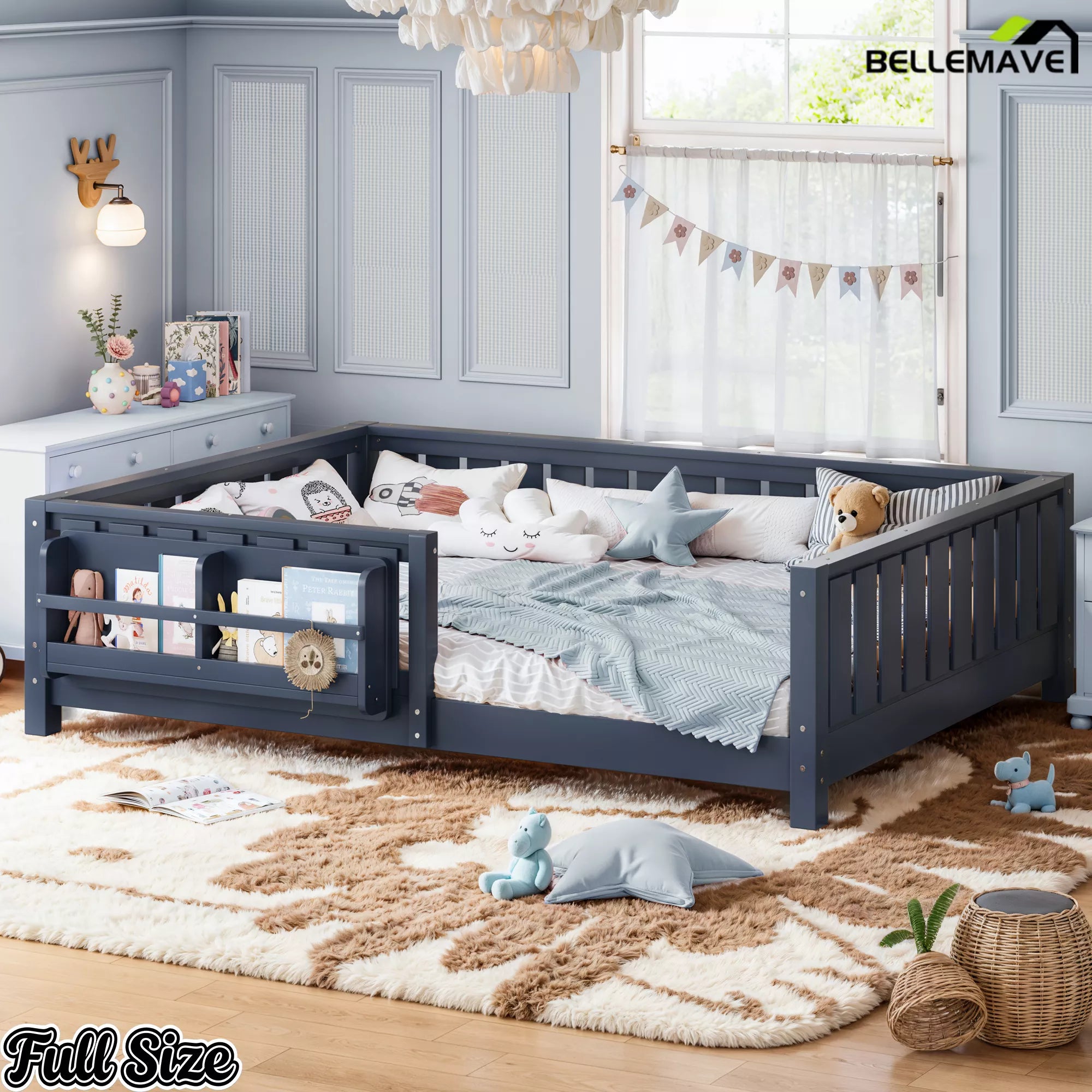 Blue Montessori floor bed with built-in bookshelf and safety guardrails