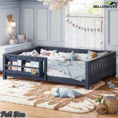 Blue Montessori floor bed with built-in bookshelf and safety guardrails